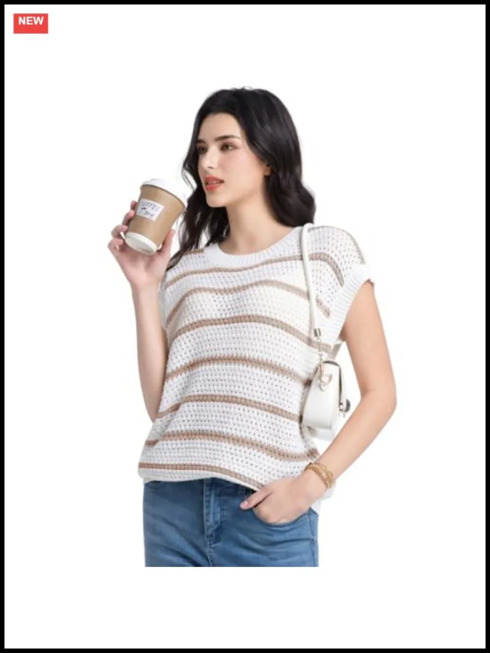Women's Sweater Vest Striped Short Sleeve Crew Neck Knit Cotton Blend Layering